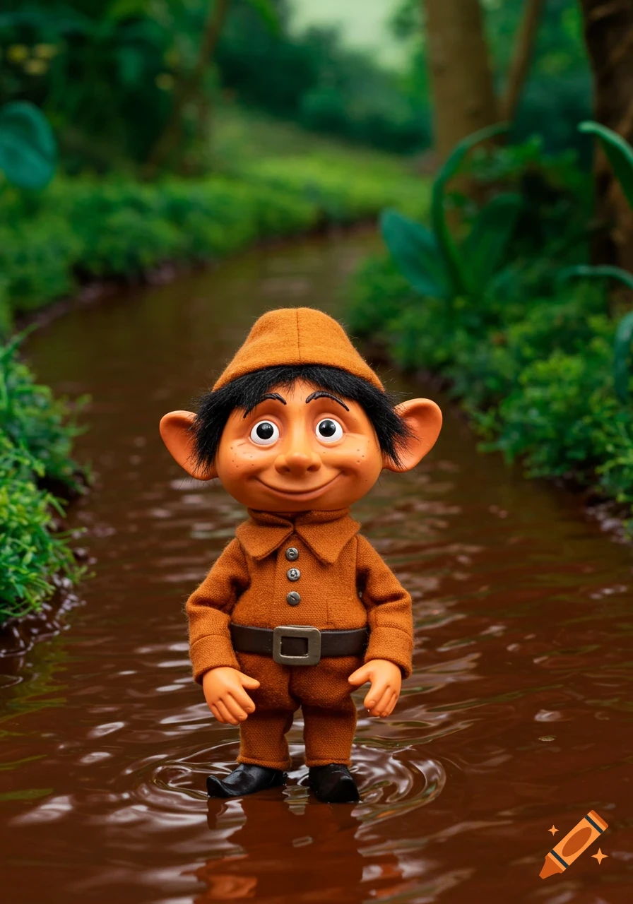 A photorealistic doll of an Oompa Loompa stands in a muddy stream in a jungle.