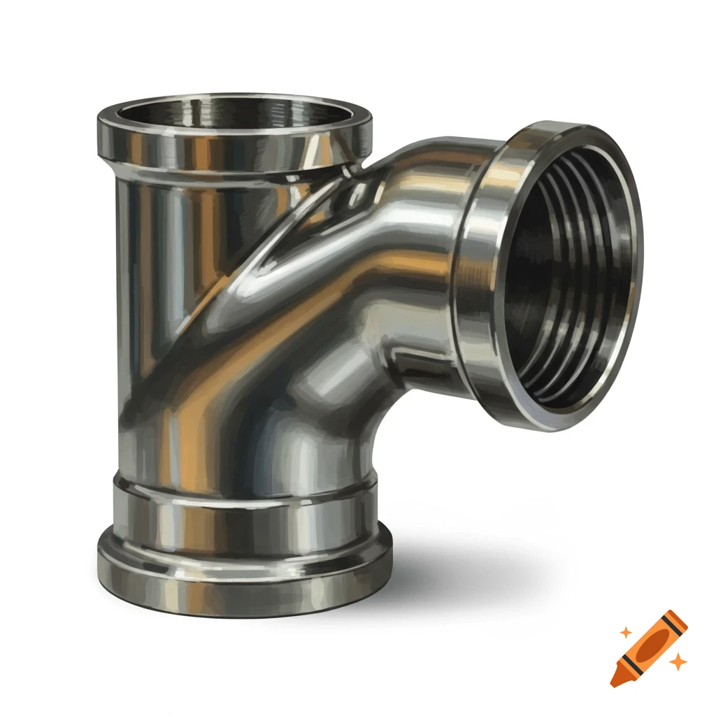 A shiny metal T-shaped pipe fitting with a threaded connector on a white background.
