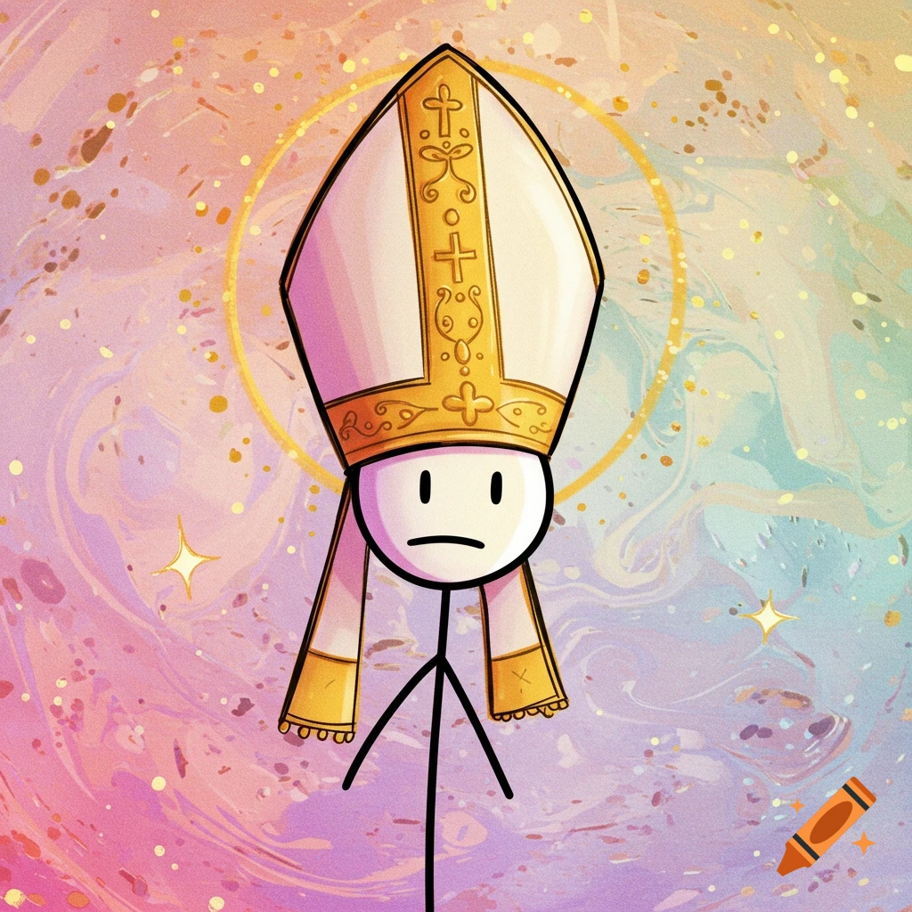 Stick figure character wearing a pope hat against a colorful background.