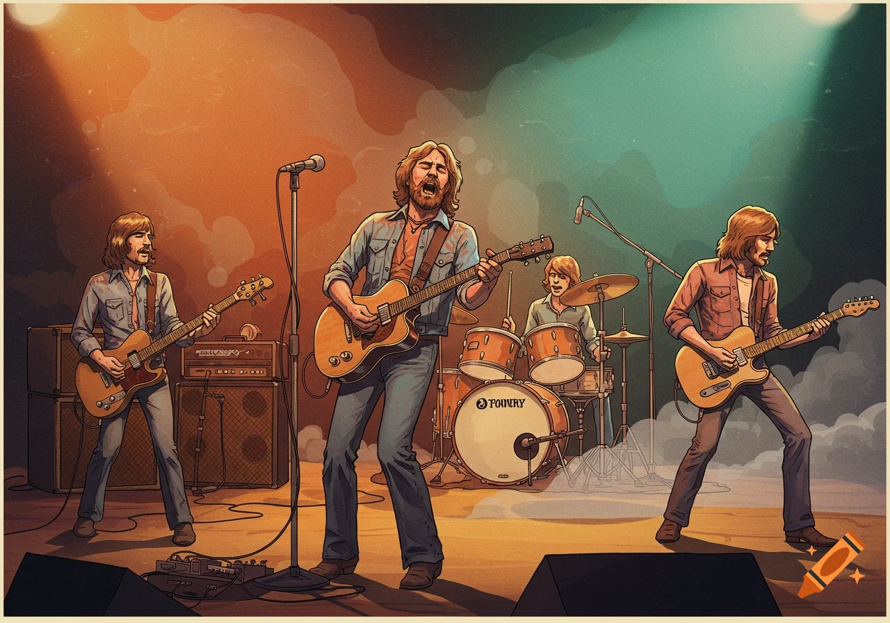 Illustration of a rock band playing on a stage under spotlights.