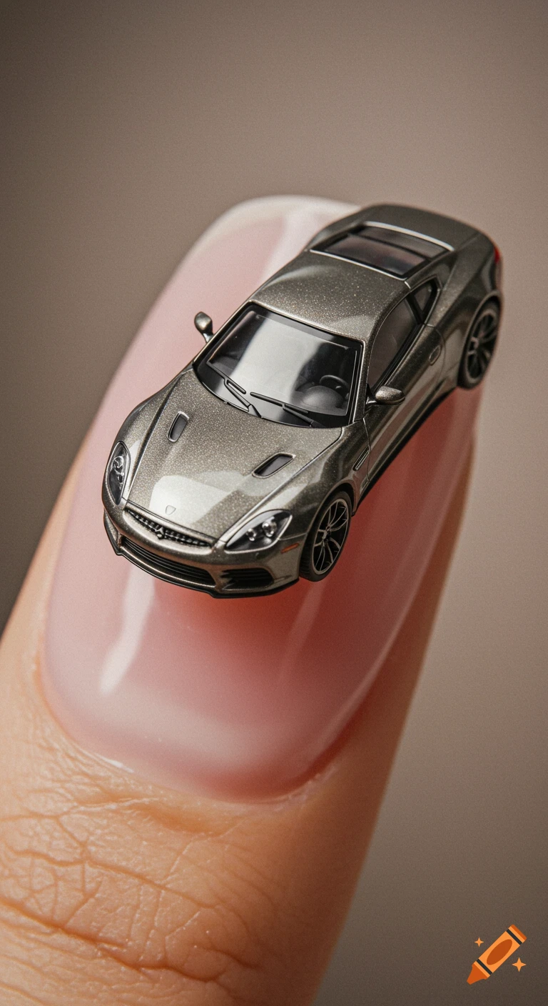 Macro photo of a miniature gray sports car balanced on a fingertip.