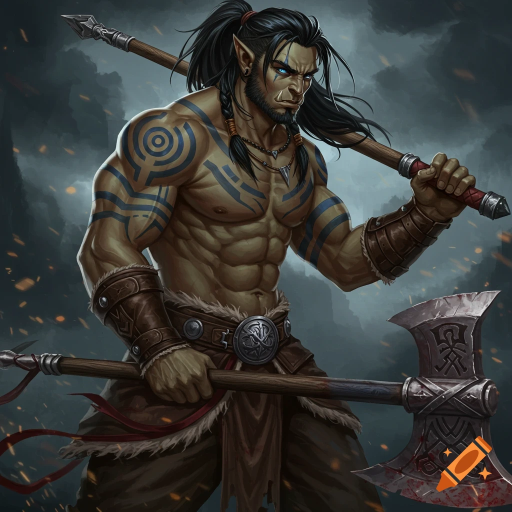 Muscular half-orc fighter with tribal tattoos holding a spear and an axe.