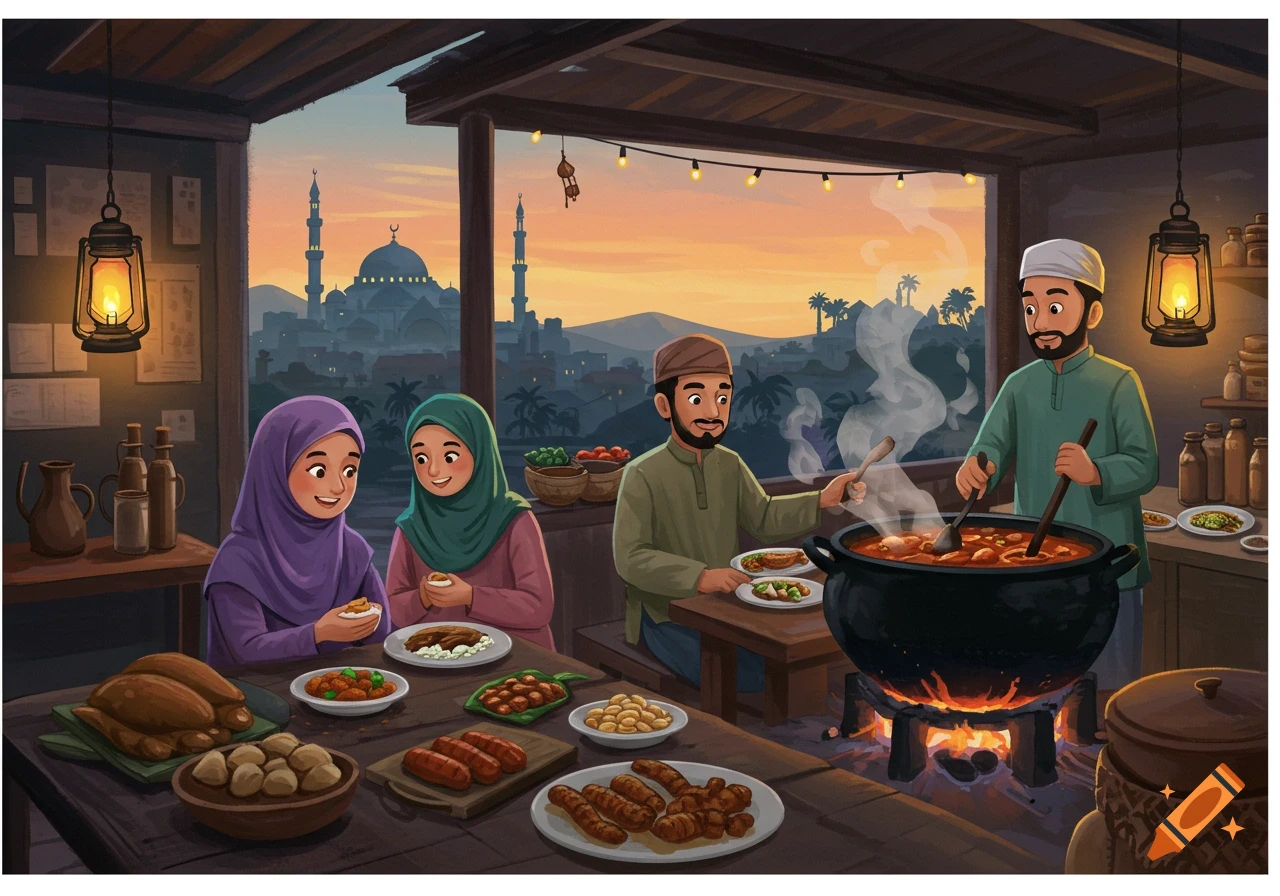 Illustration of a Muslim family eating and cooking outdoors with a mosque in the background at sunset.