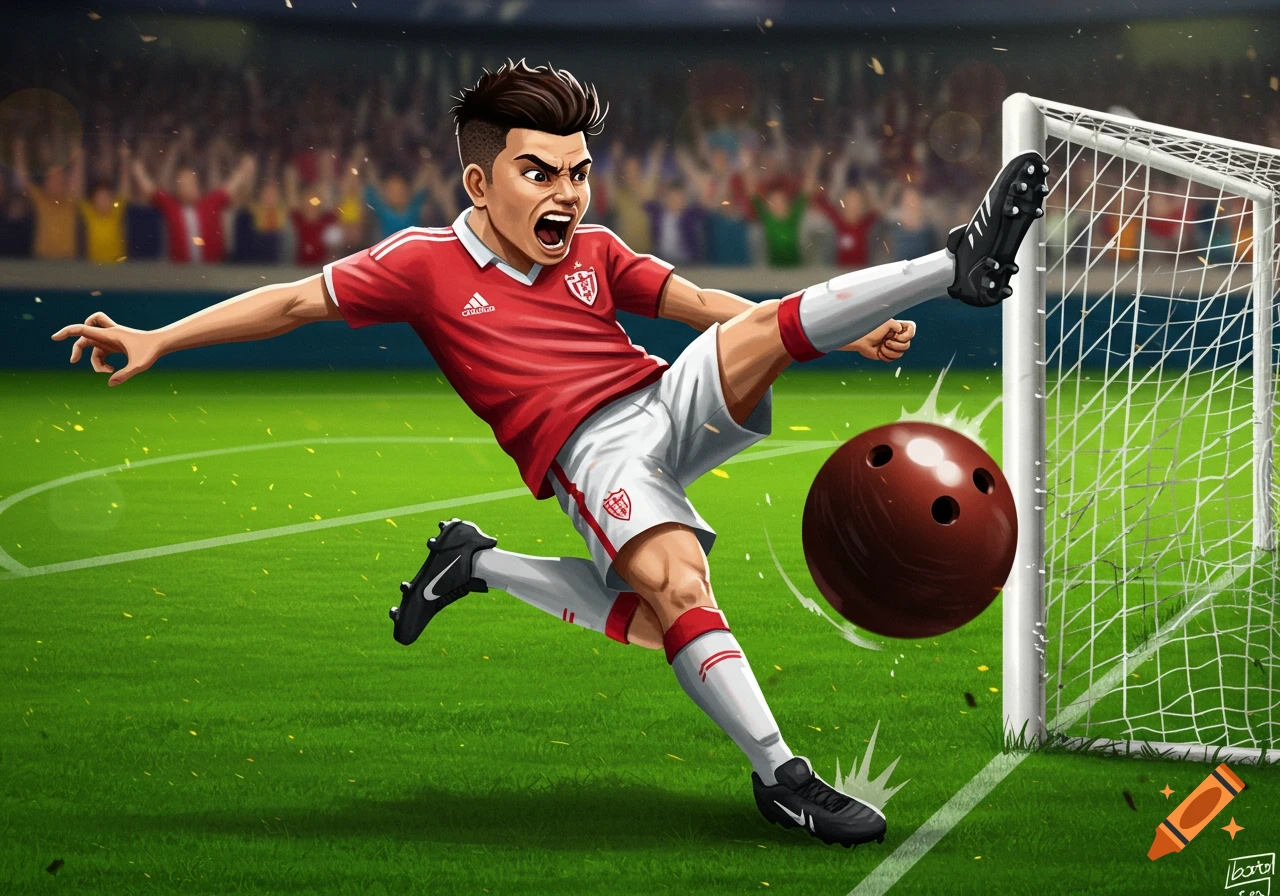 Stylized illustration of a soccer player kicking a bowling ball into a goal.