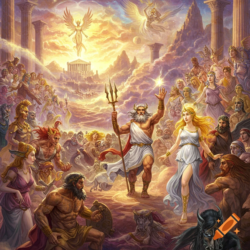 Epic illustration of Zeus with a trident and a crowd of gods and goddesses in a heavenly landscape with temples and mountains.