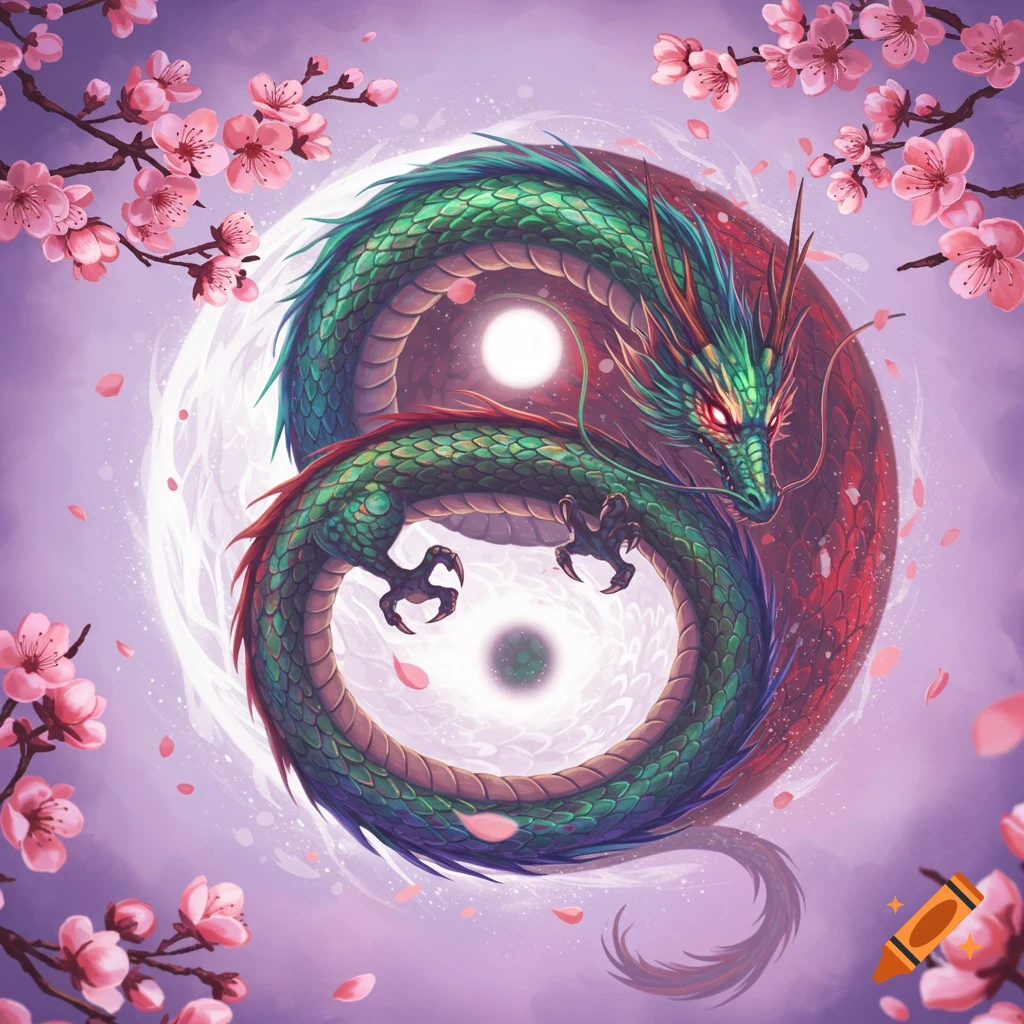 A fantasy dragon curled within a yin-yang symbol, surrounded by pink cherry blossoms.
