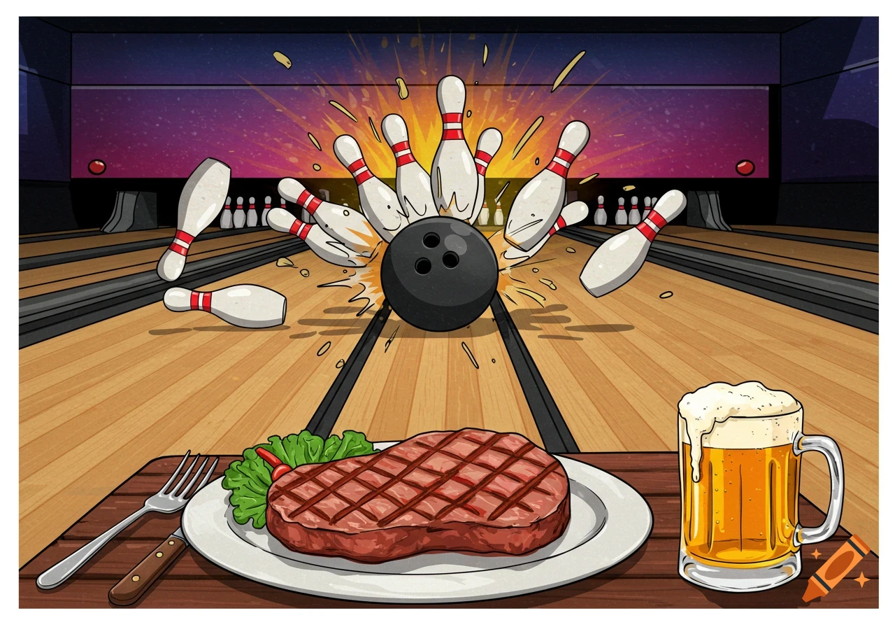 Cartoon illustration of a bowling ball hitting pins, a steak on a plate, and a beer mug on a table.