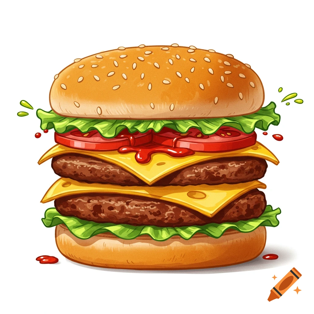 Cartoon illustration of a double cheeseburger
