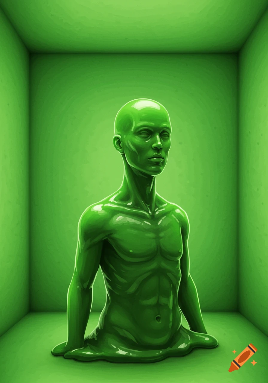 A green, shiny figure made of slime sits in a green room.