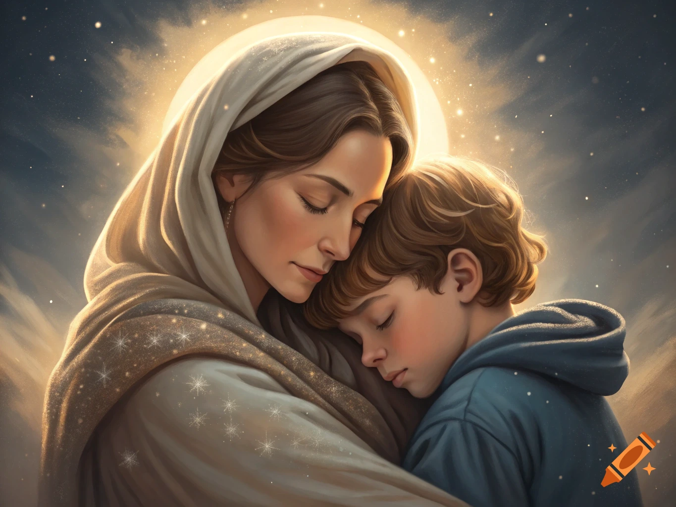 Digital painting of a mother and son hugging under a glowing light, eyes closed in peace.