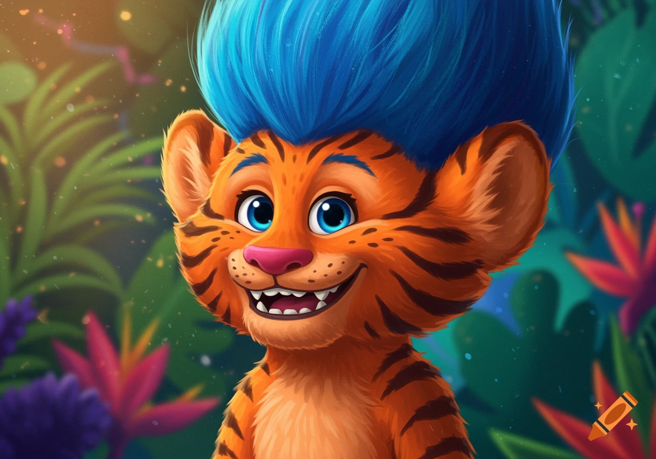 A smiling cartoon tiger with blue hair in a jungle setting.