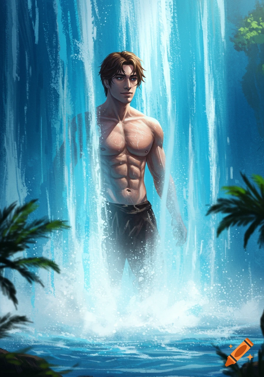 A shirtless man stands behind a waterfall in a jungle setting. The water splashes around him. The style is illustration.