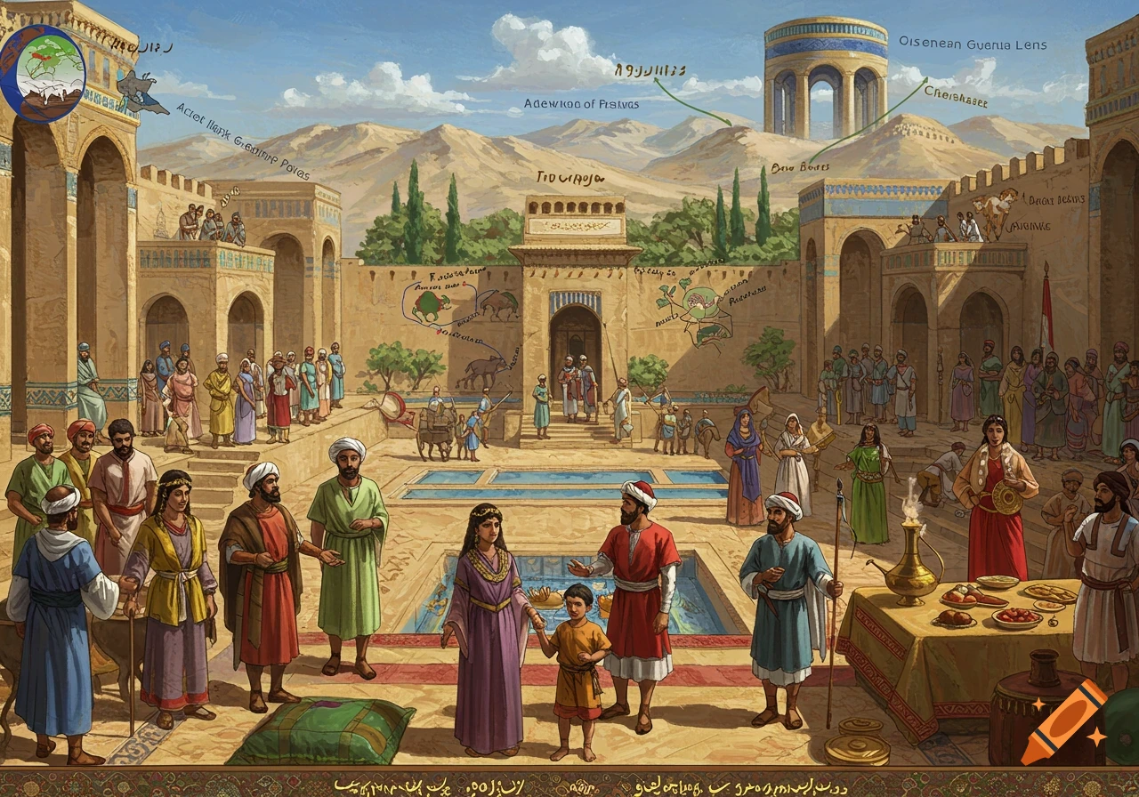Illustration of a courtyard in ancient Middle East with people, buildings, mountains, and a ceremonial table.