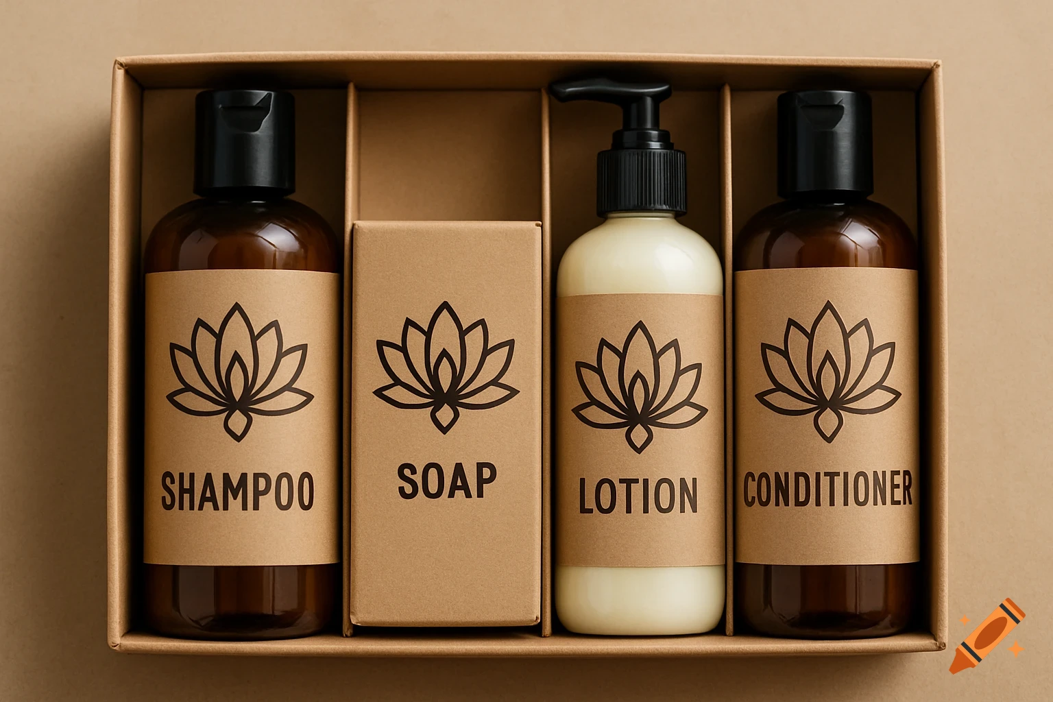 A gift box containing four bath products: shampoo, soap, lotion, and conditioner bottles with lotus logos on kraft paper labels.