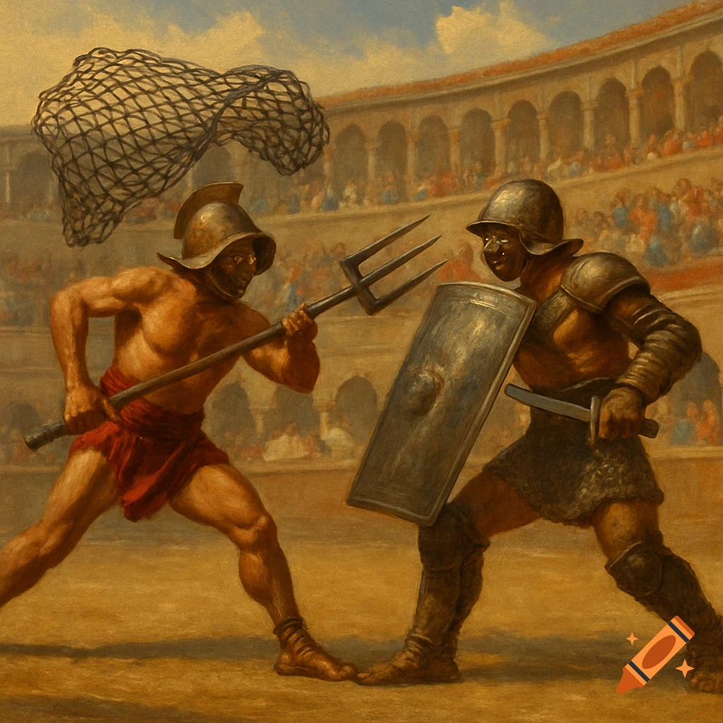 Two gladiators fight in an arena, one with net and trident, the other with sword and shield, painted style.