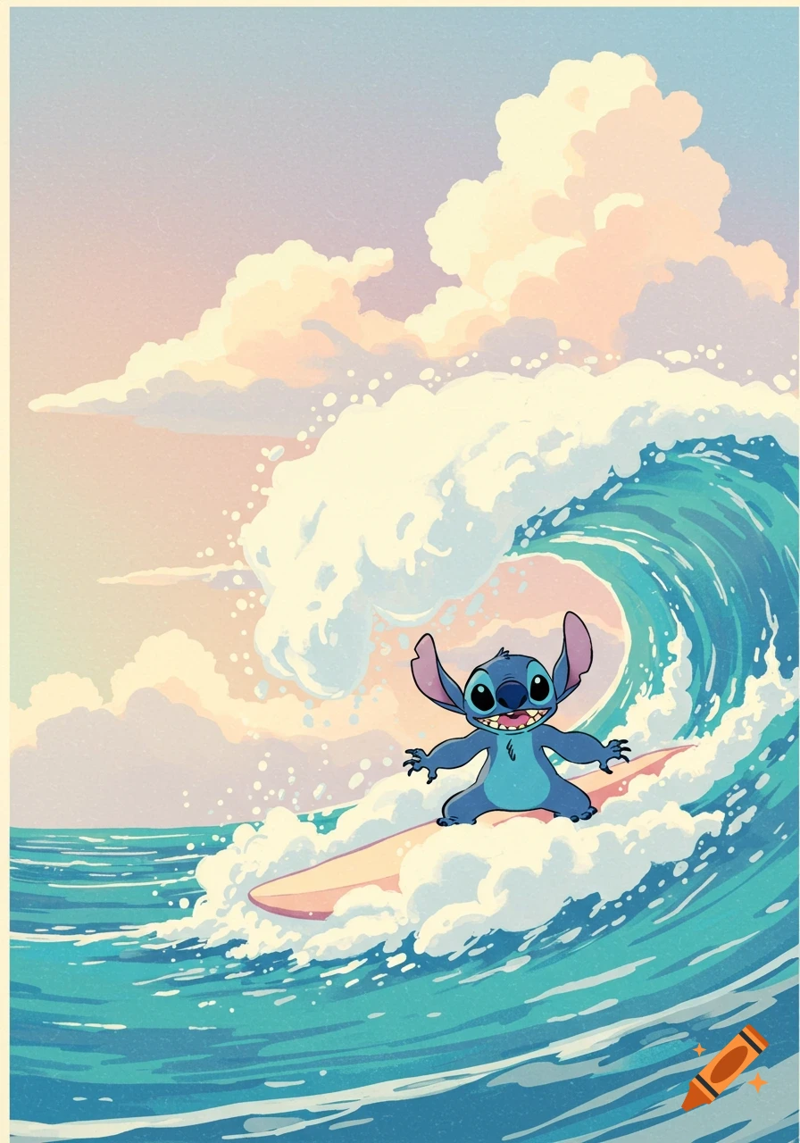 Cartoon character Stitch surfing on a large wave under a cloudy sky in a vintage illustration style.