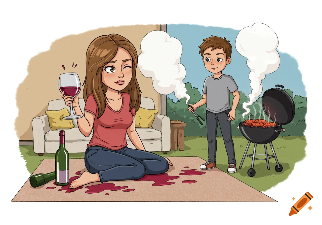 Cartoon illustration of a woman winking after spilling wine indoors, while a man grills outside.