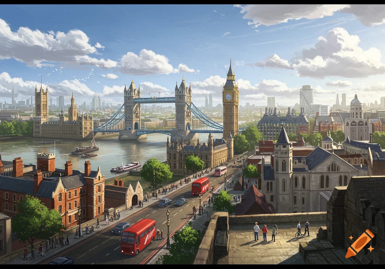 Illustrated London cityscape with Tower Bridge, Big Ben, Houses of Parliament, red buses, and boats on the Thames.