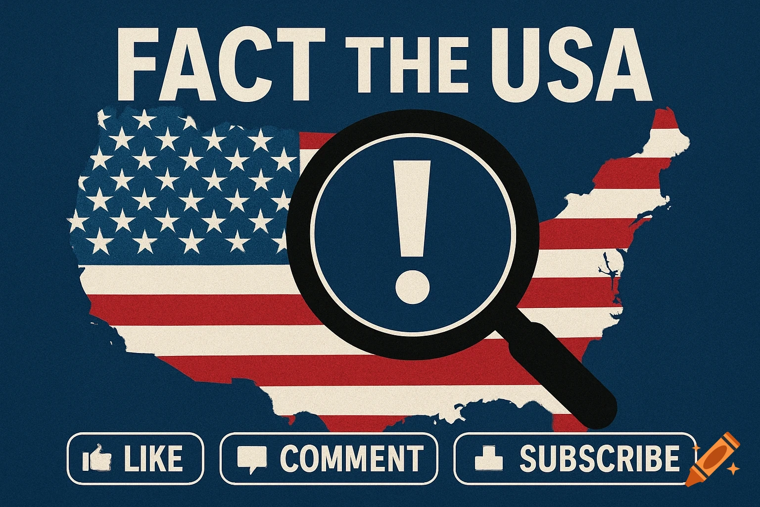 Illustration of USA map flag with magnifying glass and text 'FACT THE USA', 'LIKE', 'COMMENT', 'SUBSCRIBE'.