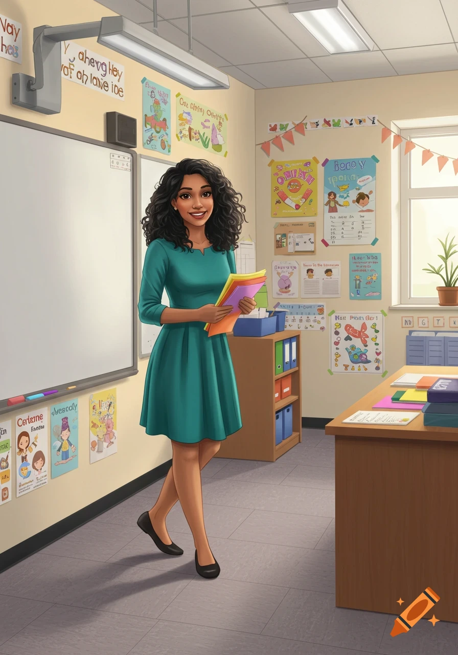 Illustration of a teacher standing in a classroom holding papers.
