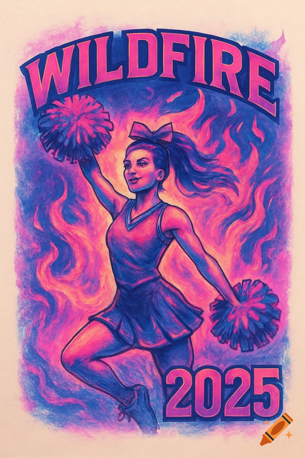 A cheerleader with pom-poms stands in front of stylized flames, with the text WILDFIRE above and 2025 below. Illustrated style.