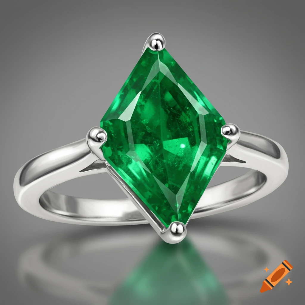 A silver ring with a large green kite-cut gemstone held by prongs. Looks photorealistic.