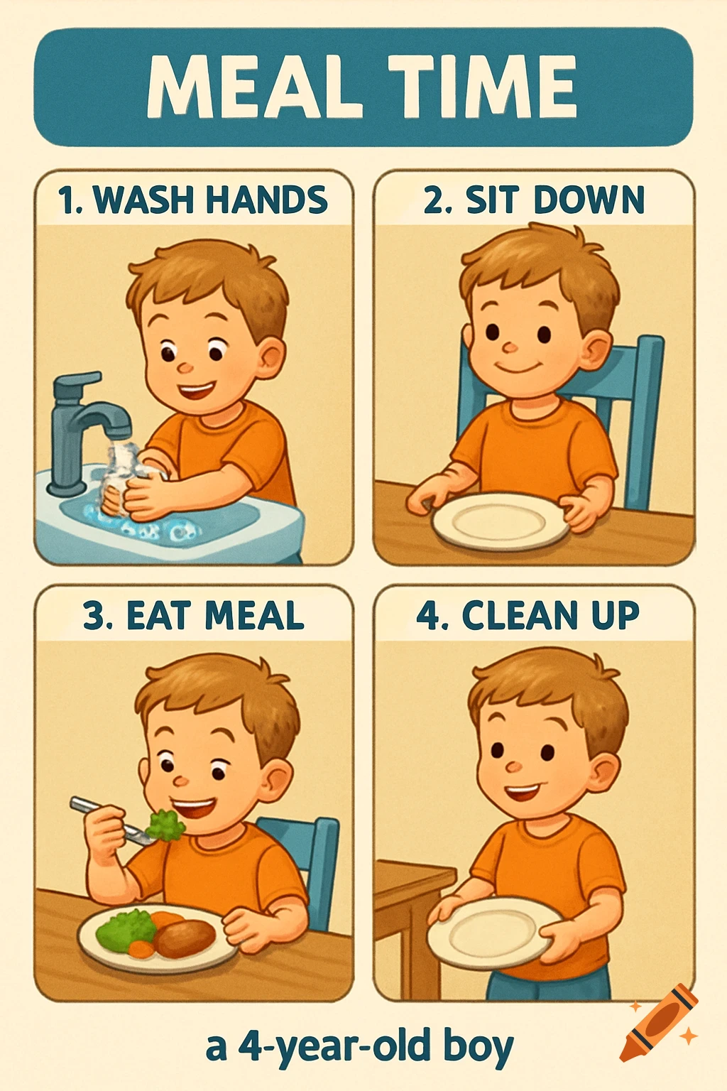 Four-panel cartoon chart showing a boy's mealtime steps: washing hands, sitting down, eating, cleaning up. Illustration style.