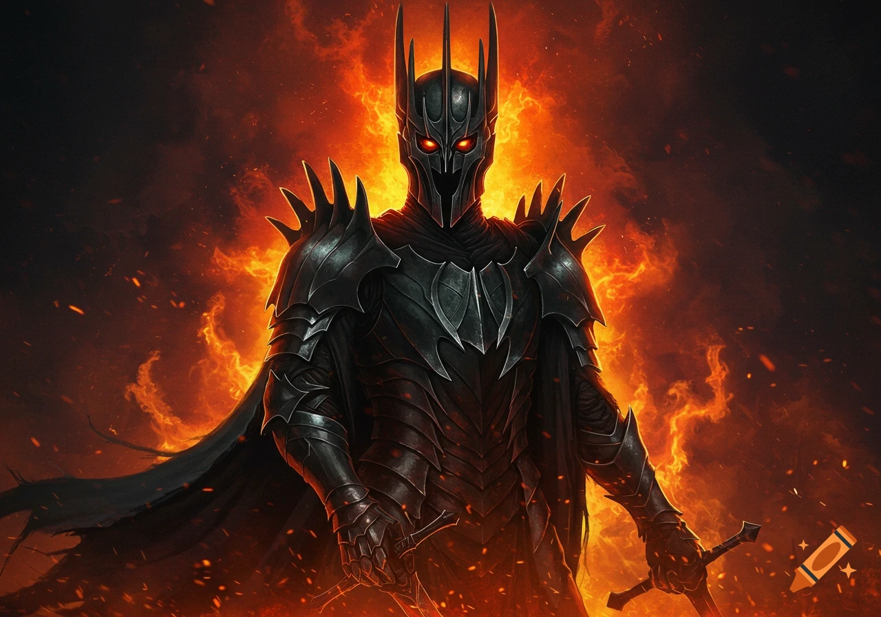 Dark armored figure with red eyes stands in swirling fire, holding a sword.
