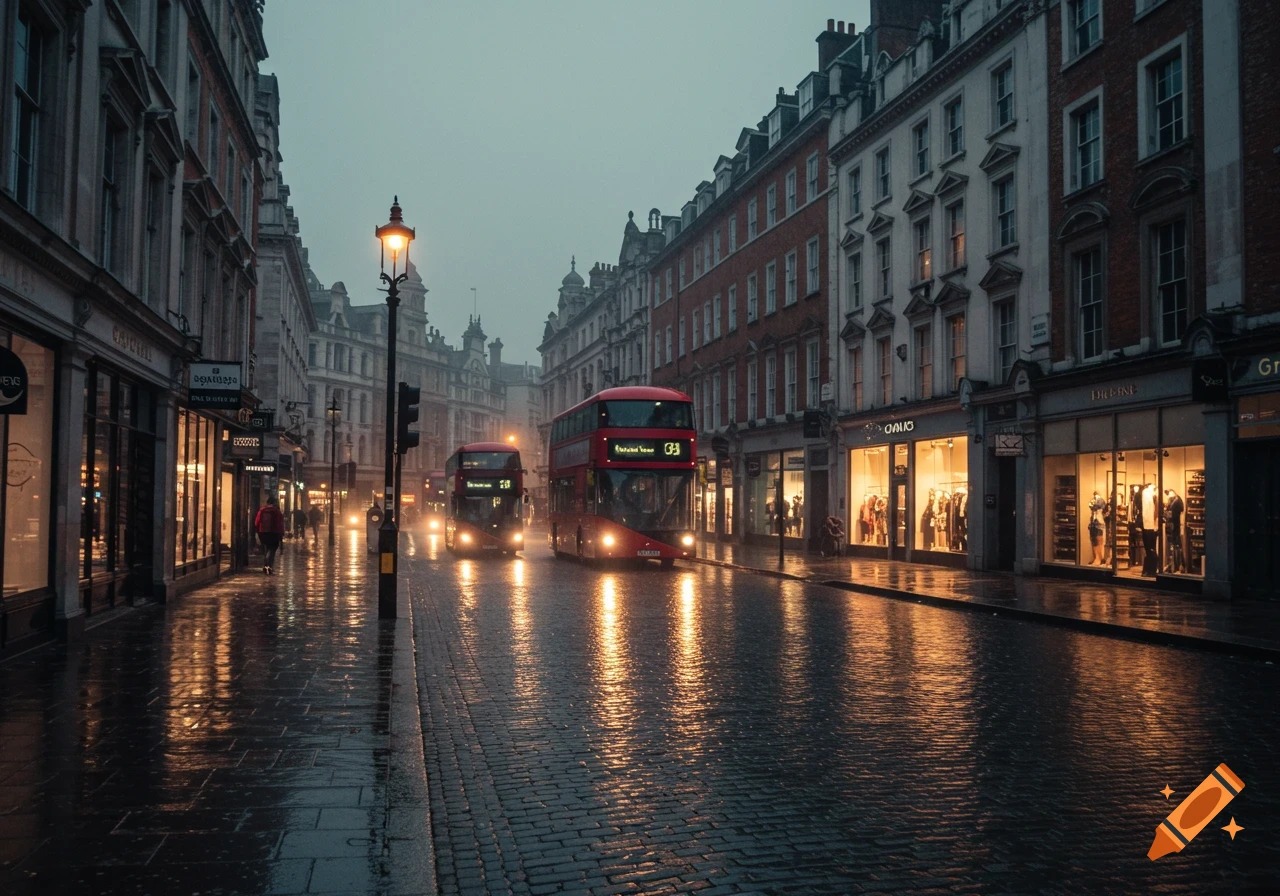 Rainy street scene in London with red double-decker buses and illuminated shops.
