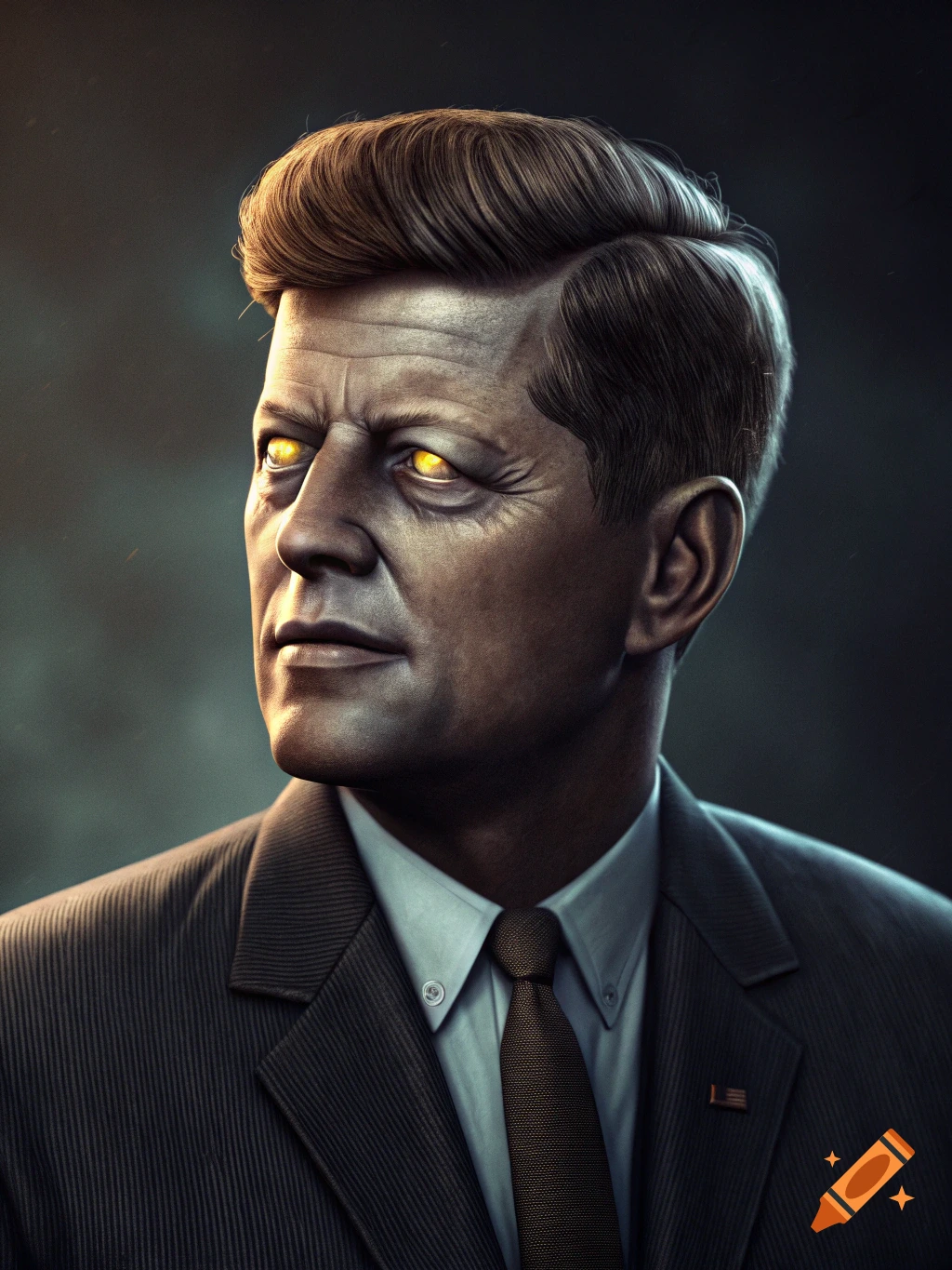 Portrait of John F. Kennedy with glowing yellow eyes wearing a suit.