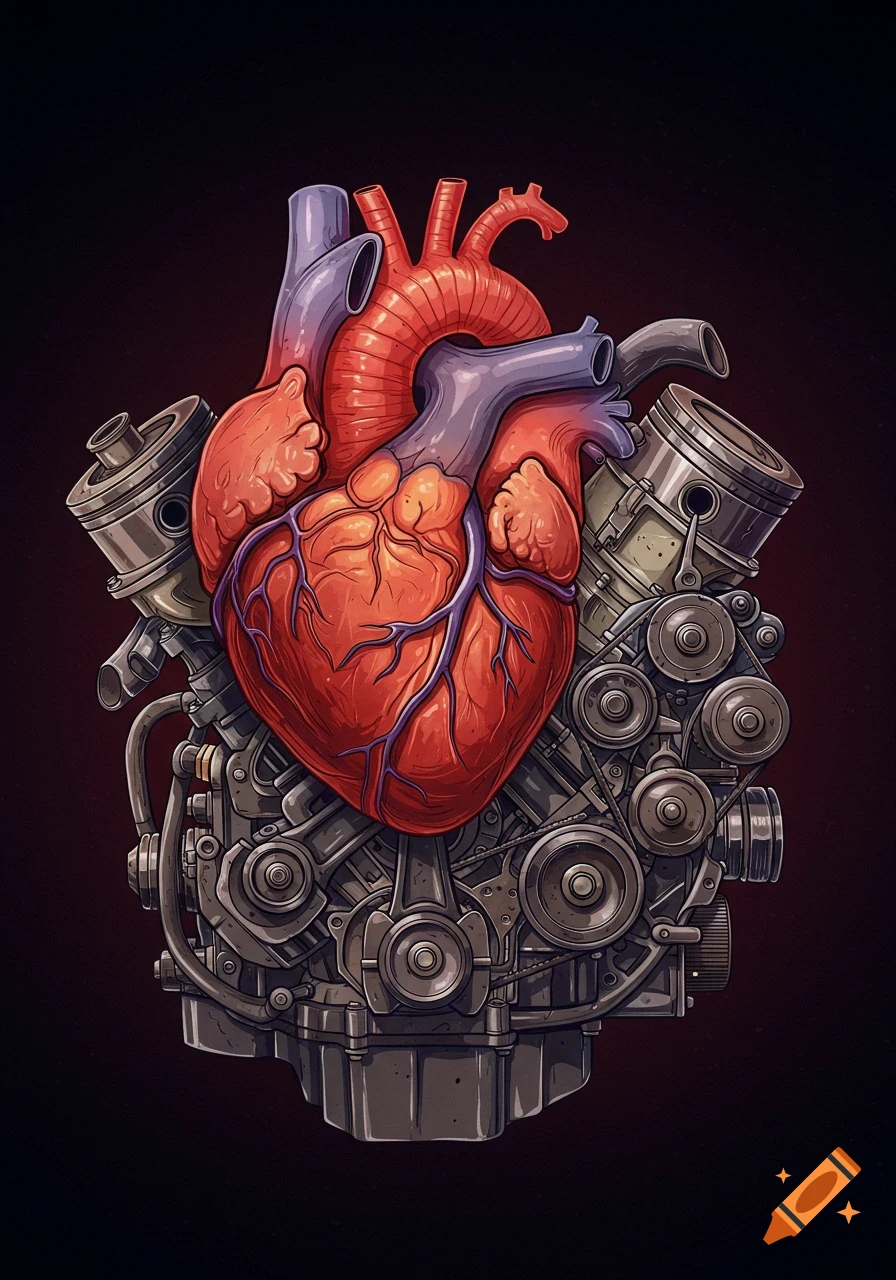 Illustration of a human heart combined with a car engine