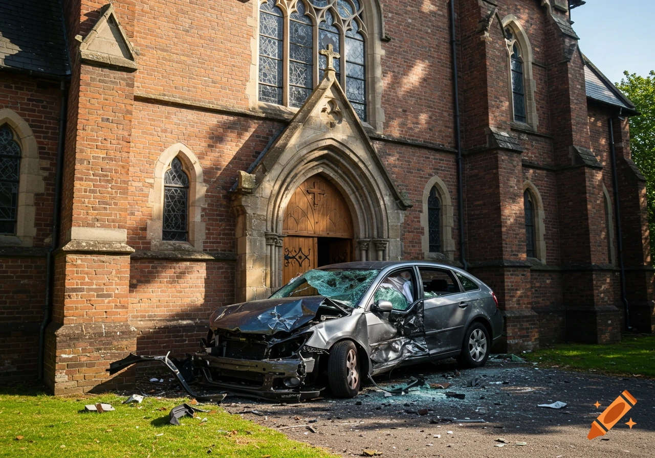 A crashed silver car sits against the brick front of a church, with extensive damage.