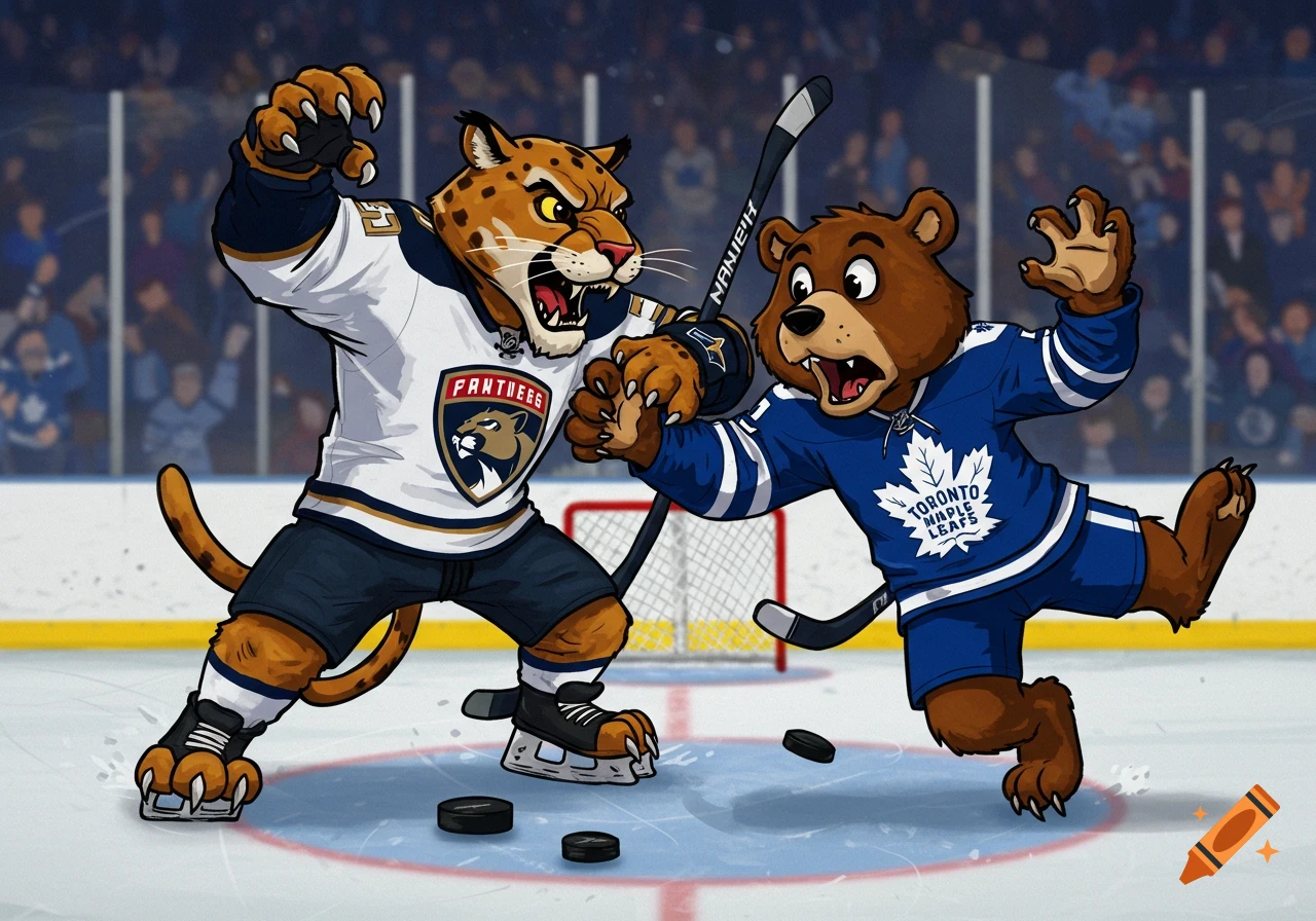 Cartoon mascots playing hockey, one is a panther in a white Panthers jersey and the other is a bear in a blue Maple Leafs jersey.
