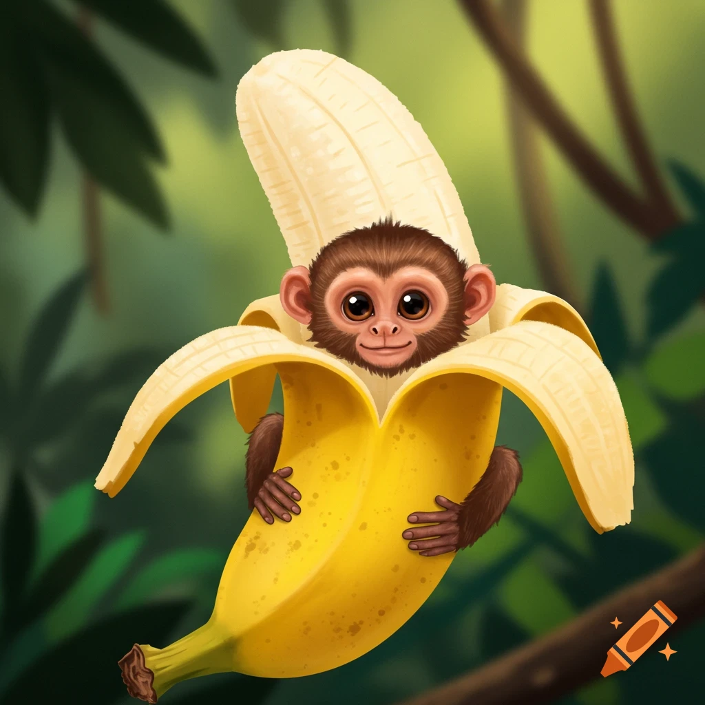 A cute cartoon monkey peeking out of a peeled banana in a jungle setting.