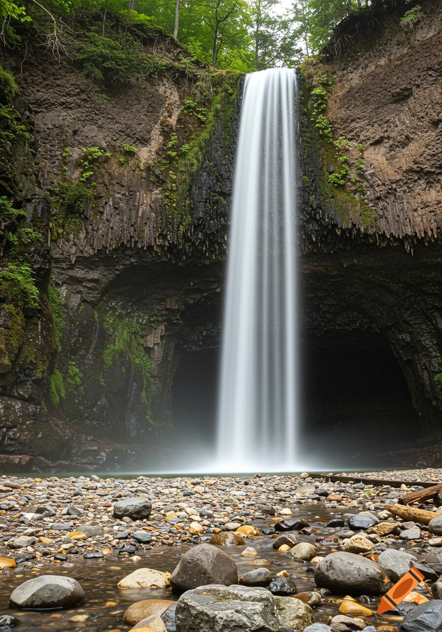 A tall, smooth waterfall cascades down a rock face into a clear, rocky stream bed surrounded by cliffs and trees.