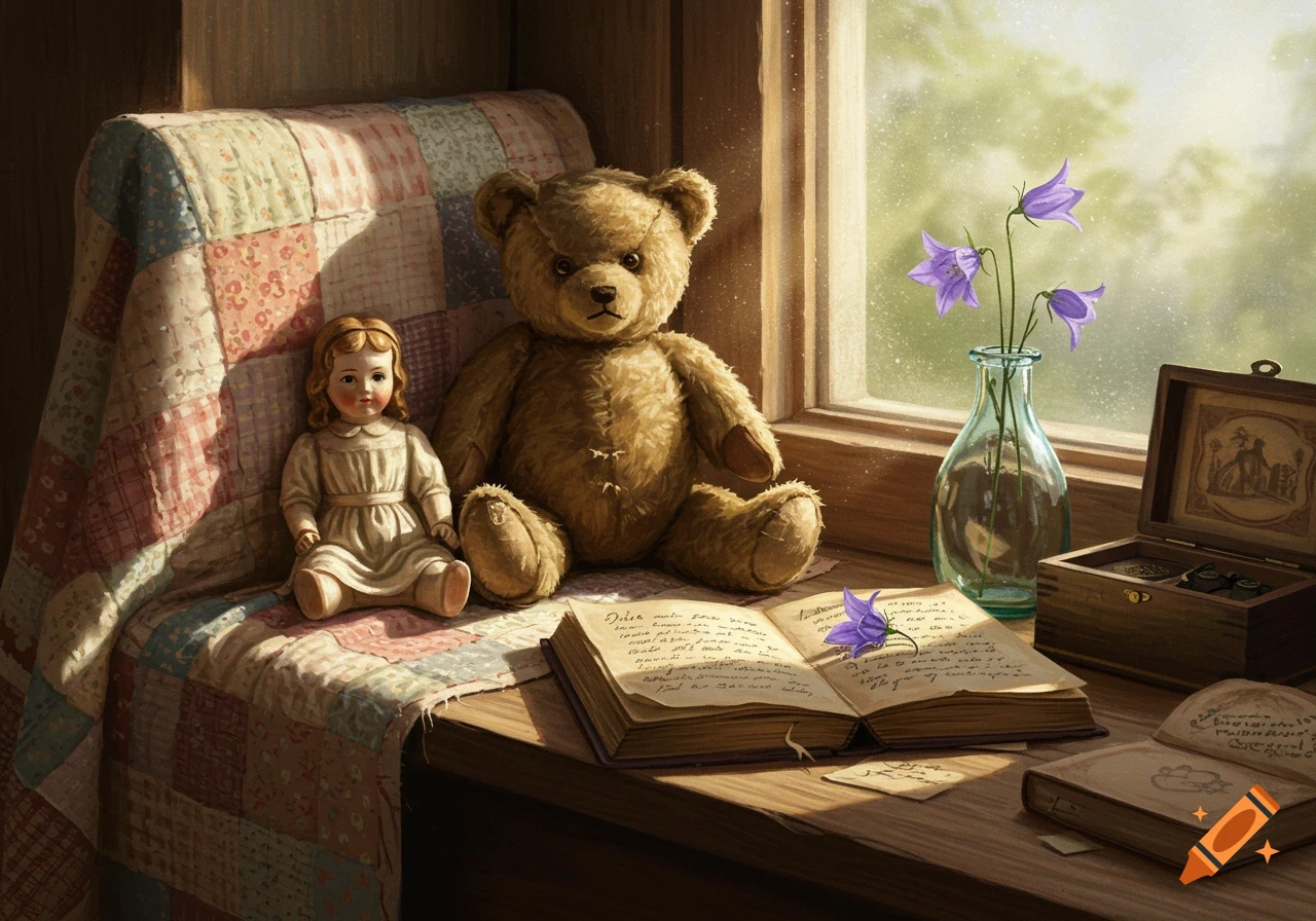 Still life painting of a teddy bear, a doll, open book, and flowers on a sunlit windowsill.