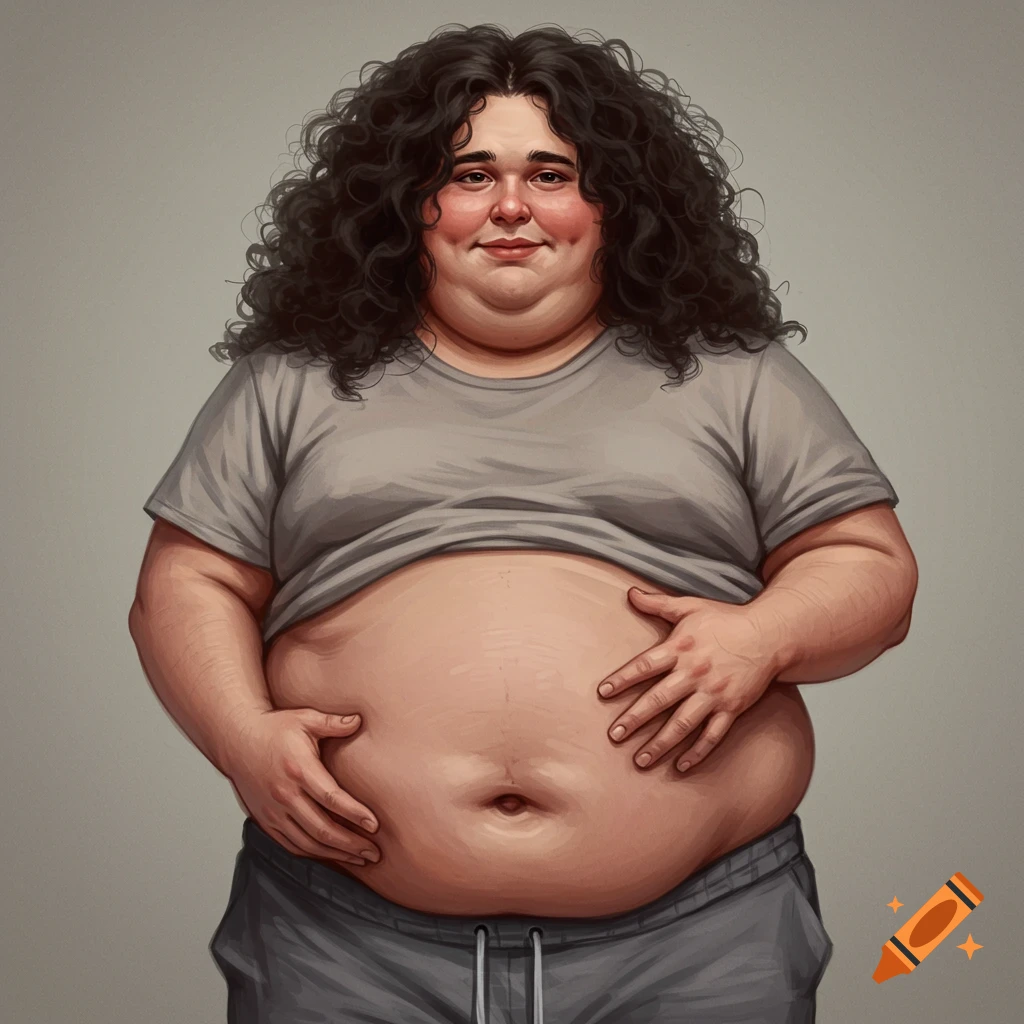An illustration of a morbidly obese person with curly hair, standing and holding their stomach.