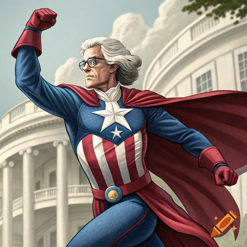 A man resembling Thomas Jefferson in a Captain America-like superhero costume raises his fist in front of a white building.