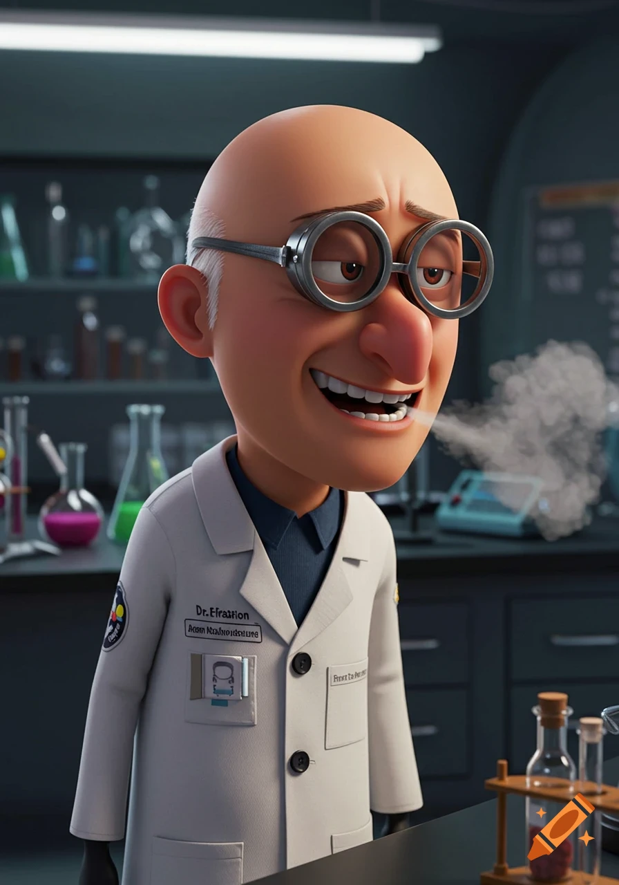 A smiling bald cartoon scientist with goggles and a lab coat stands in a laboratory with smoke coming from his mouth.