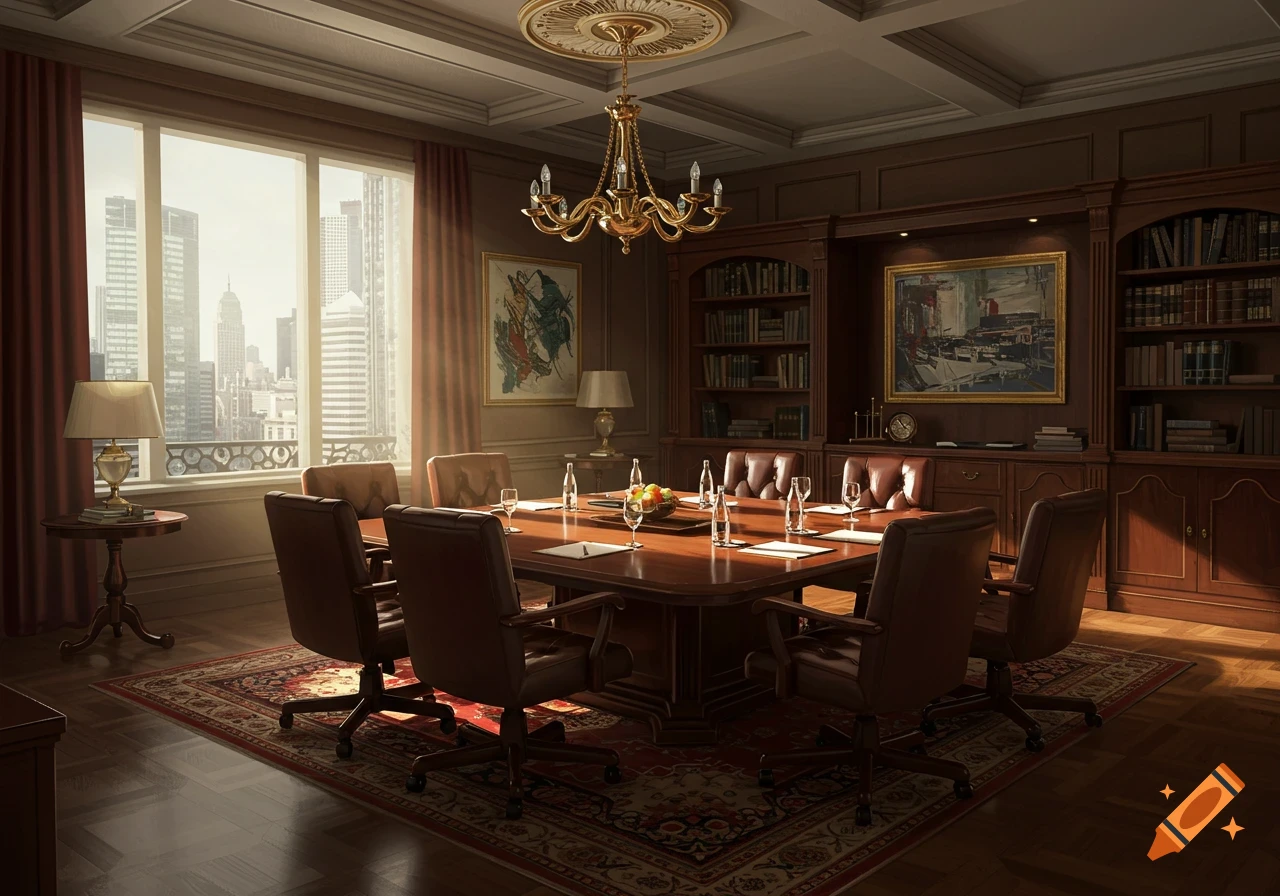 A formal and luxurious meeting room with a large wooden table, leather chairs, bookshelves, paintings, and a view of a city skyline from a large window.