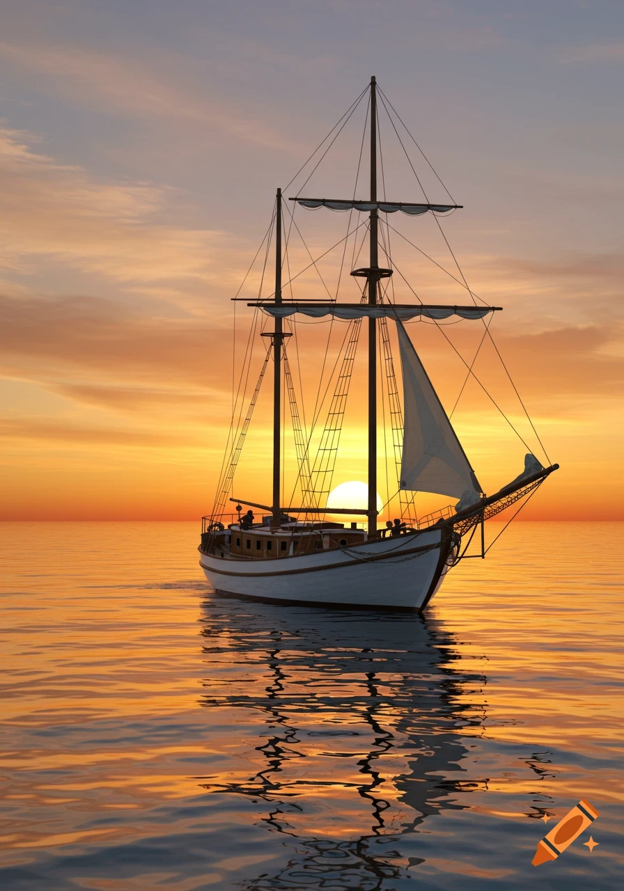 A sailboat on the ocean at sunset