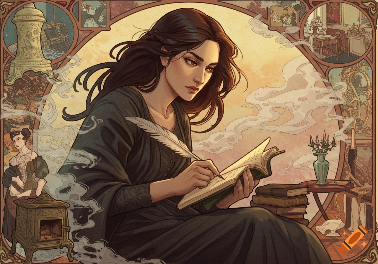 Illustration of a woman in historical dress writing in a book, surrounded by vignettes in an art nouveau style.