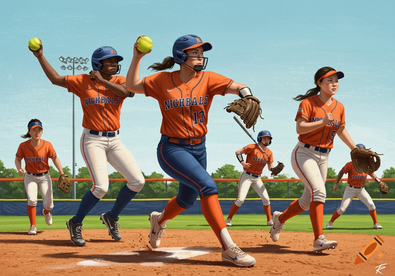 Digital painting of a women's softball team playing on a field.