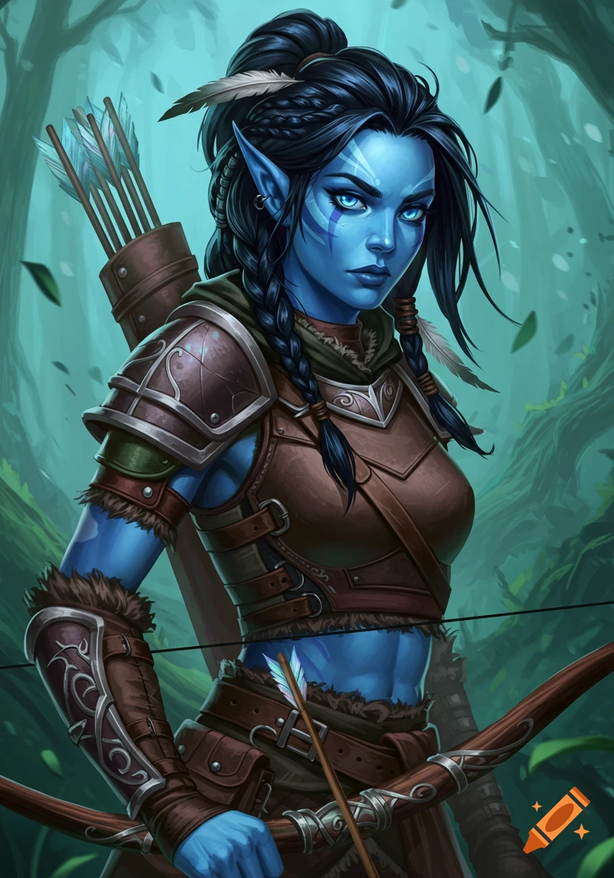 Blue-skinned female fantasy ranger with bow and quiver in a forest