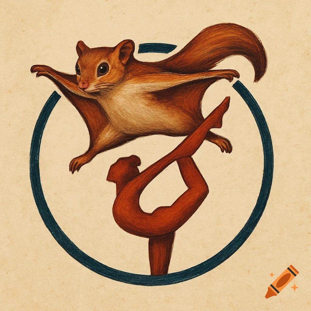 Colored pencil logo of a flying squirrel over a figure doing a contortion pose in a circle.