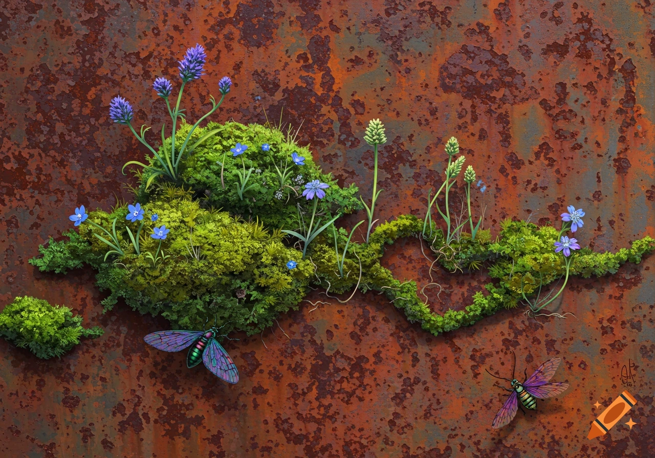 Detailed image of moss, small blue and purple flowers, and iridescent moths growing on a rusty metal background.