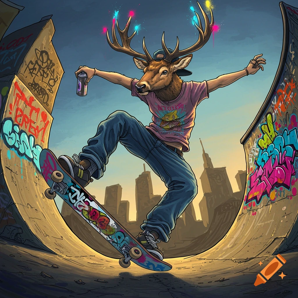 Anthro deer wearing streetwear does a kickflip on a skateboard in a graffiti-filled skatepark.