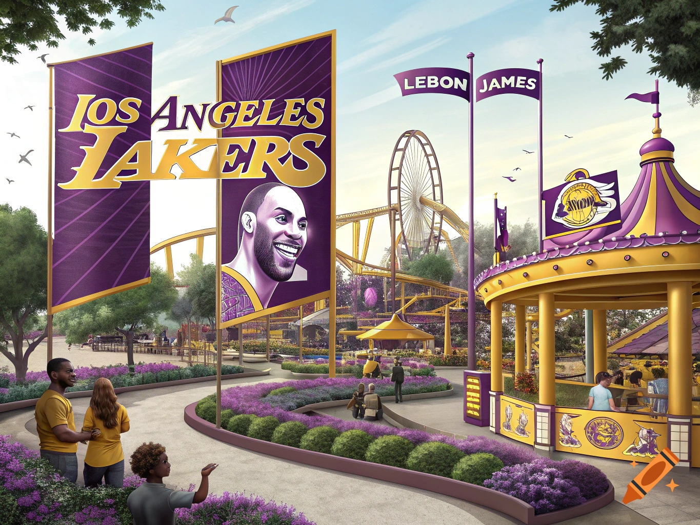 A purple and gold theme park featuring Los Angeles Lakers branding, a portrait of a player, a ferris wheel, and people.