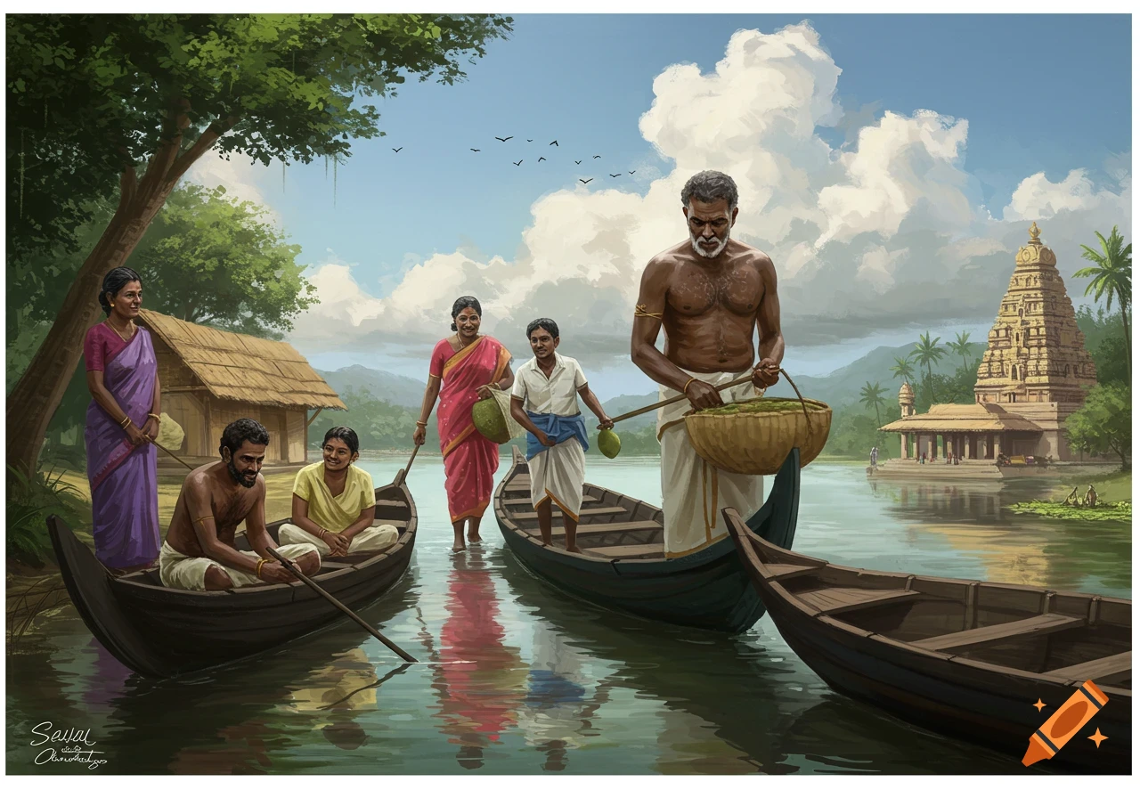 Illustration of people in boats on a river near a temple and thatched houses.
