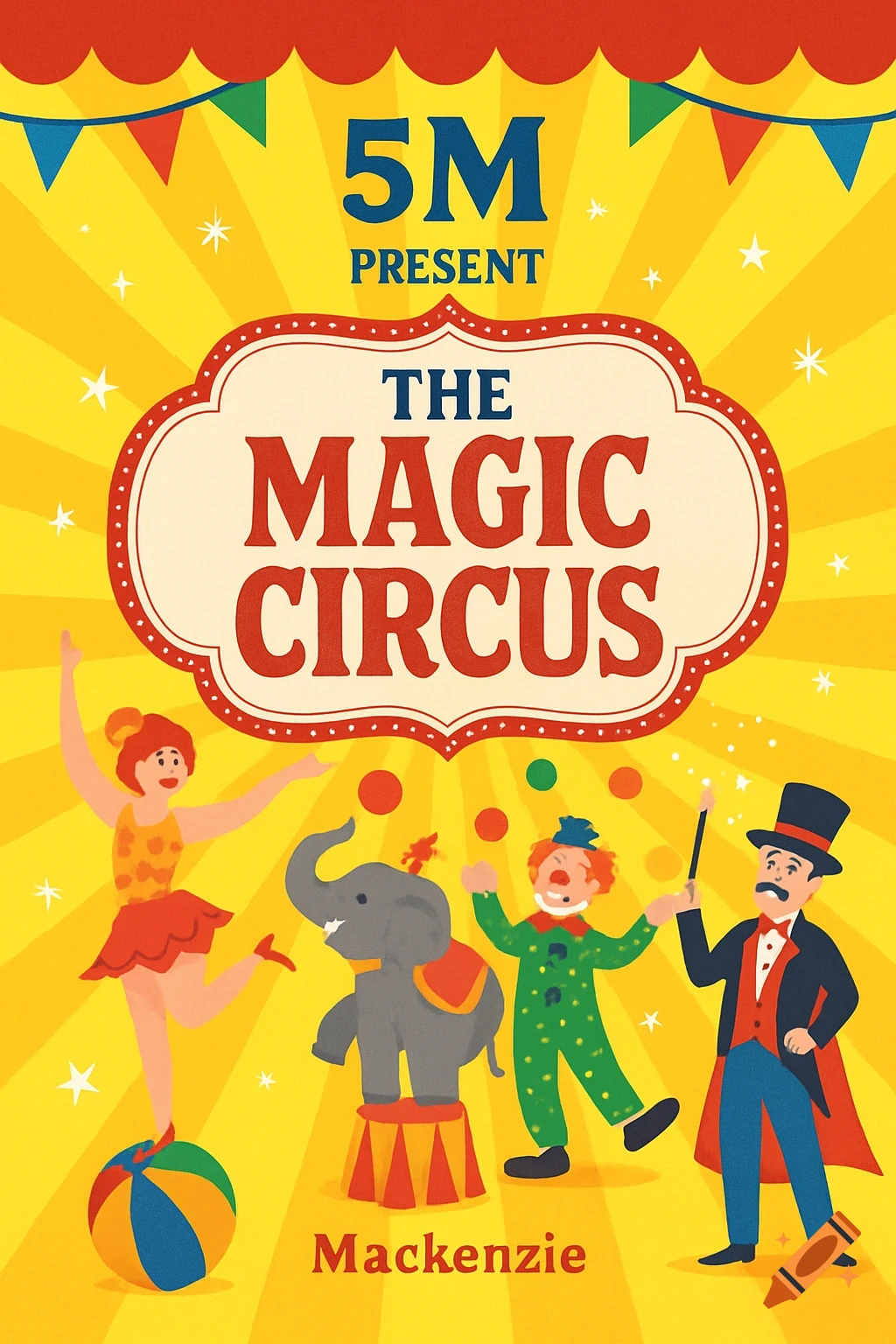 Colorful circus illustration book cover with performers, elephant, and the title 'The Magic Circus'.